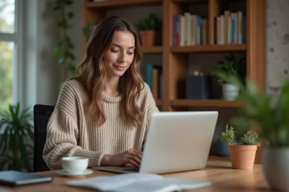 Femme en tenue décontractée travaillant à son bureau à domicile