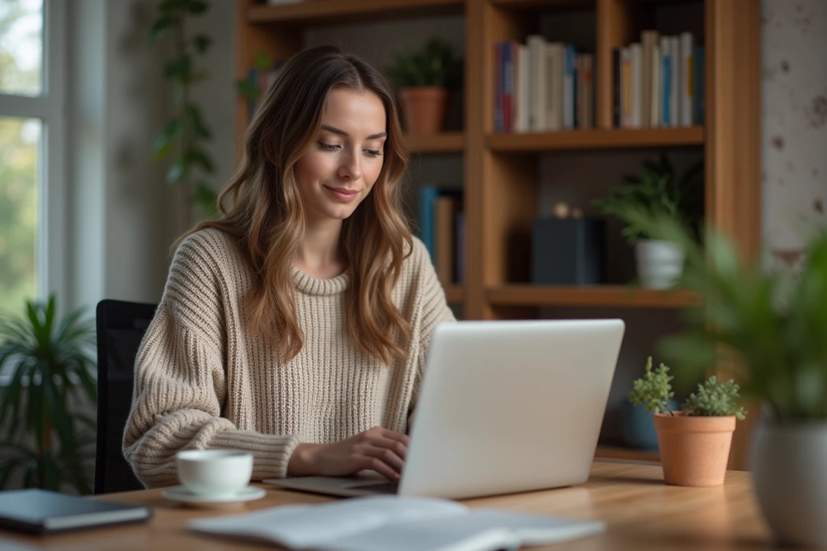 Femme en tenue décontractée travaillant à son bureau à domicile