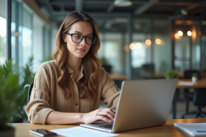 Femme en blouse et lunettes travaillant sur un ordinateur au bureau