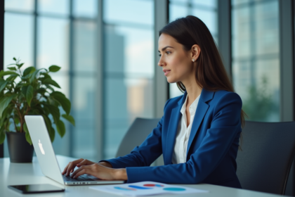 Jeune femme en blazer bleu analysant des graphiques marketing