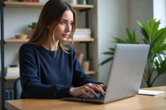 Jeune femme travaillant sur un ordinateur dans un bureau cosy