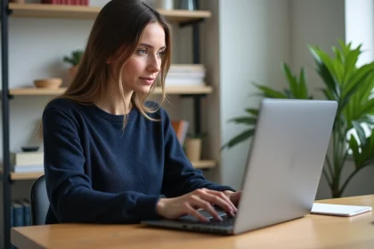 Jeune femme travaillant sur un ordinateur dans un bureau cosy