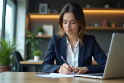 Femme concentrée en bureau avec ordinateur et plantes