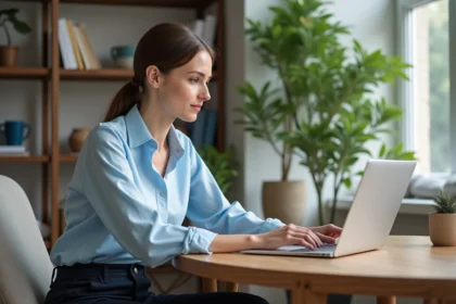 Femme au bureau moderne utilisant un ordinateur portable