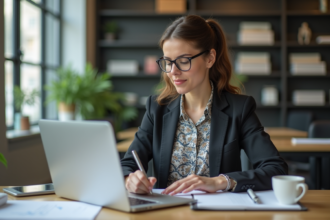 Femme professionnelle au bureau prenant des notes