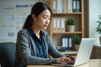 Jeune femme au bureau consulte sa messagerie webmail
