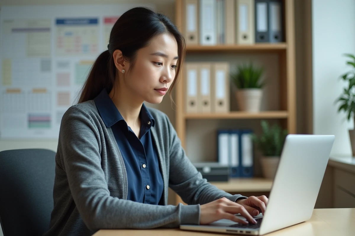 Jeune femme au bureau consulte sa messagerie webmail