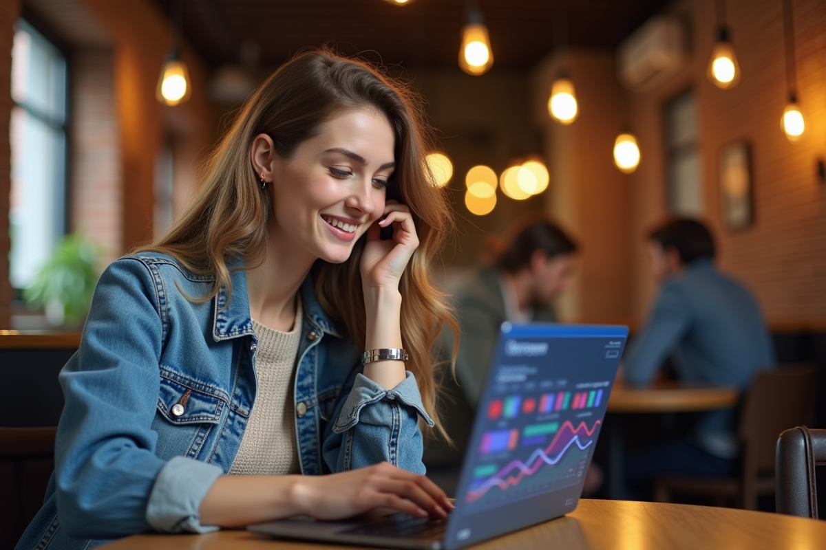 Jeune femme utilisant un ordinateur avec des analyses AI dans un café