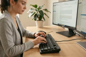 Femme tapant sur un clavier mécanique dans un bureau à domicile, illustrant la bonne méthode de saisie des signes spéciaux