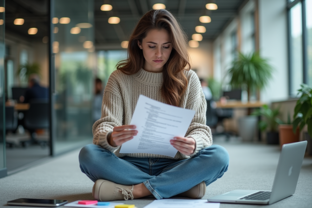 Jeune femme étudie du code sur le sol de bureau moderne