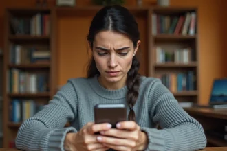Femme consultant l'historique de son activité Google sur son smartphone depuis un bureau à domicile