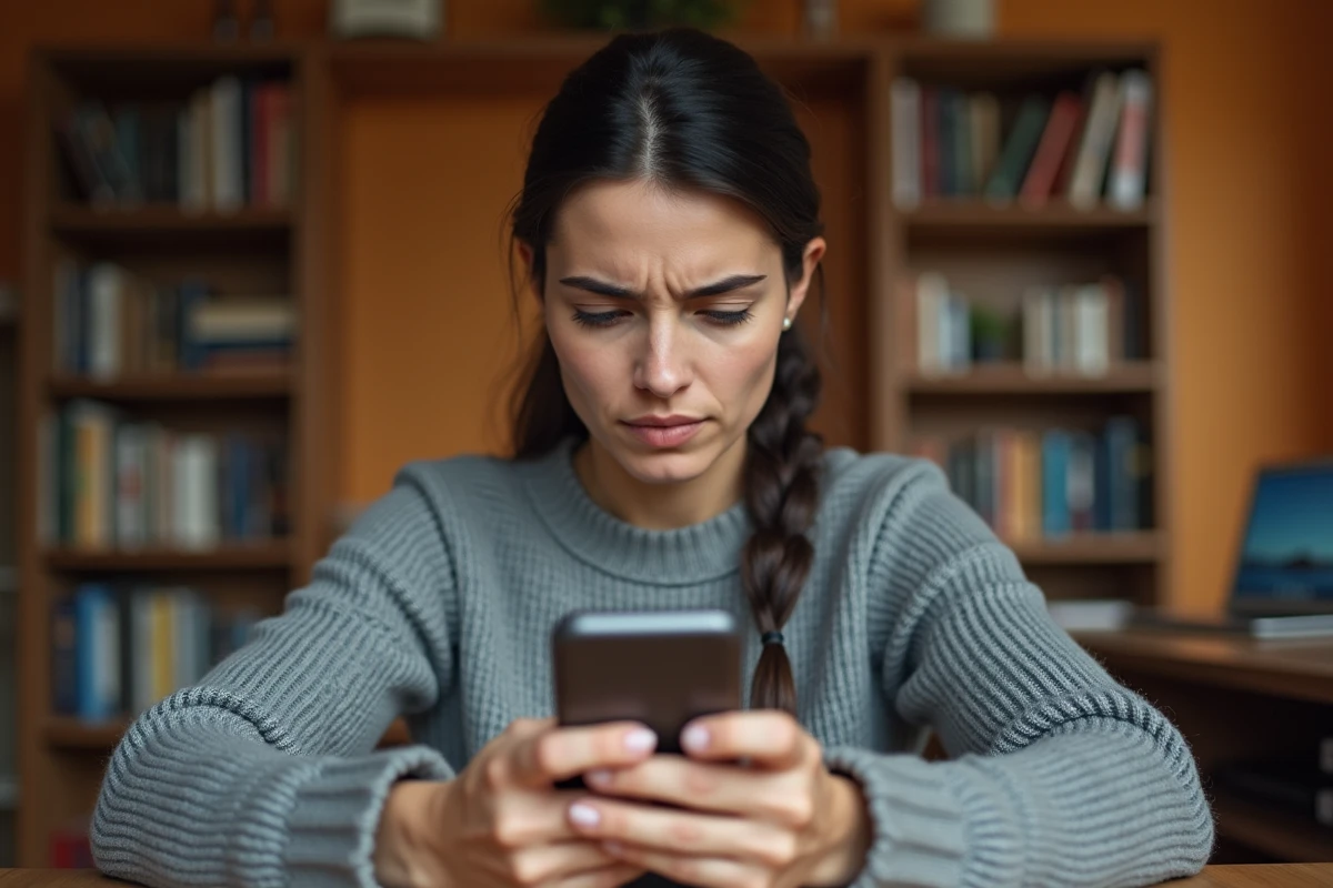 Femme consultant l'historique de son activité Google sur son smartphone depuis un bureau à domicile