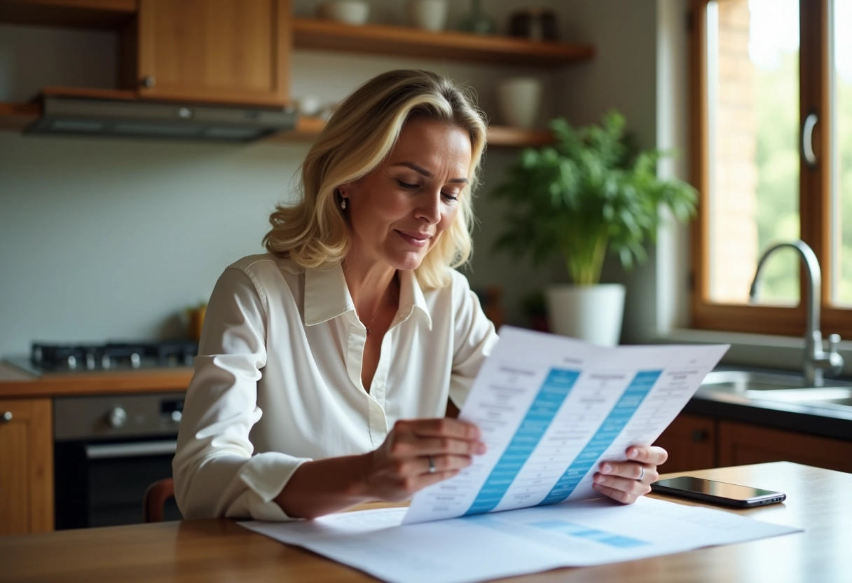 Femme d affaires examinant un tableau antivirus dans la cuisine