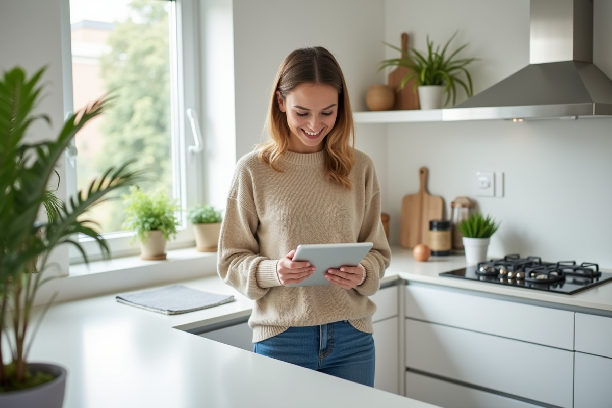Femme utilise une tablette dans sa cuisine lumineuse