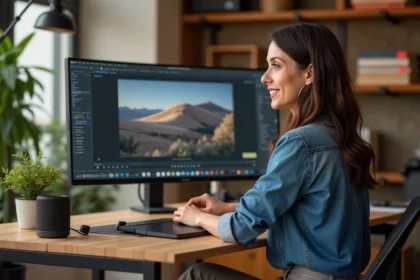 Femme en studio créatif travaillant sur ordinateur