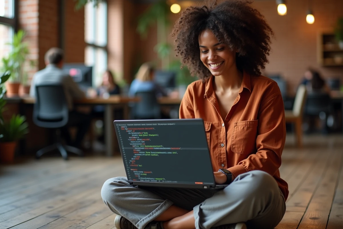Femme développeuse installant pip pour Python sur Ubuntu dans un espace de coworking avec terminal ouvert