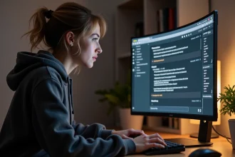 Jeune femme utilisant Discord sur ordinateur avec du texte en italique affiché dans un canal de discussion