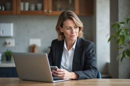 Femme d'âge moyen dans une cuisine moderne avec tableau de bord solaire