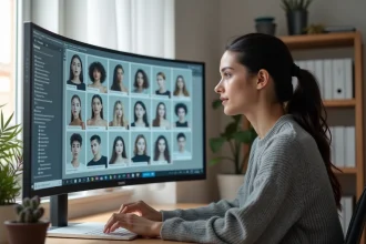 Femme explorant des modèles IA sur la plateforme Civitai depuis son bureau à domicile
