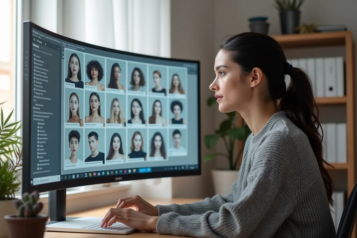 Femme explorant des modèles IA sur la plateforme Civitai depuis son bureau à domicile