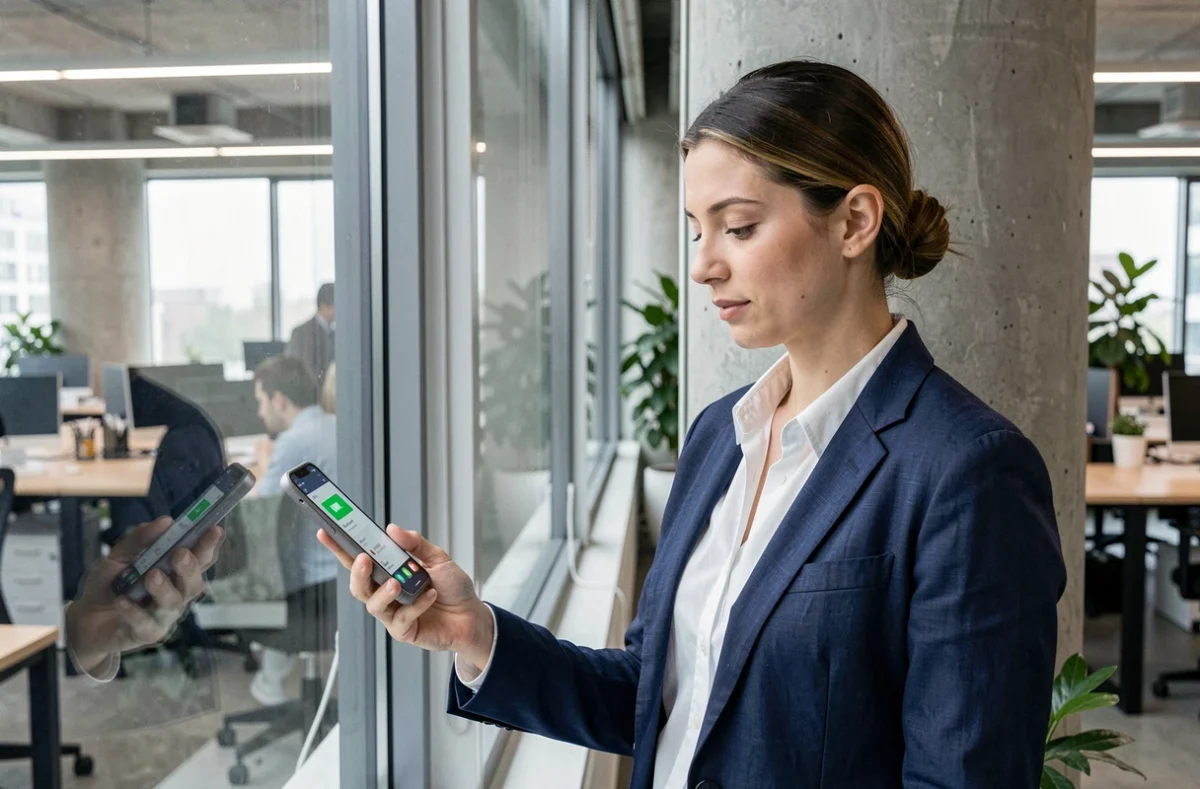 Femme analysant la consommation de batterie de son Google Pixel 8 Pro dans un espace de coworking