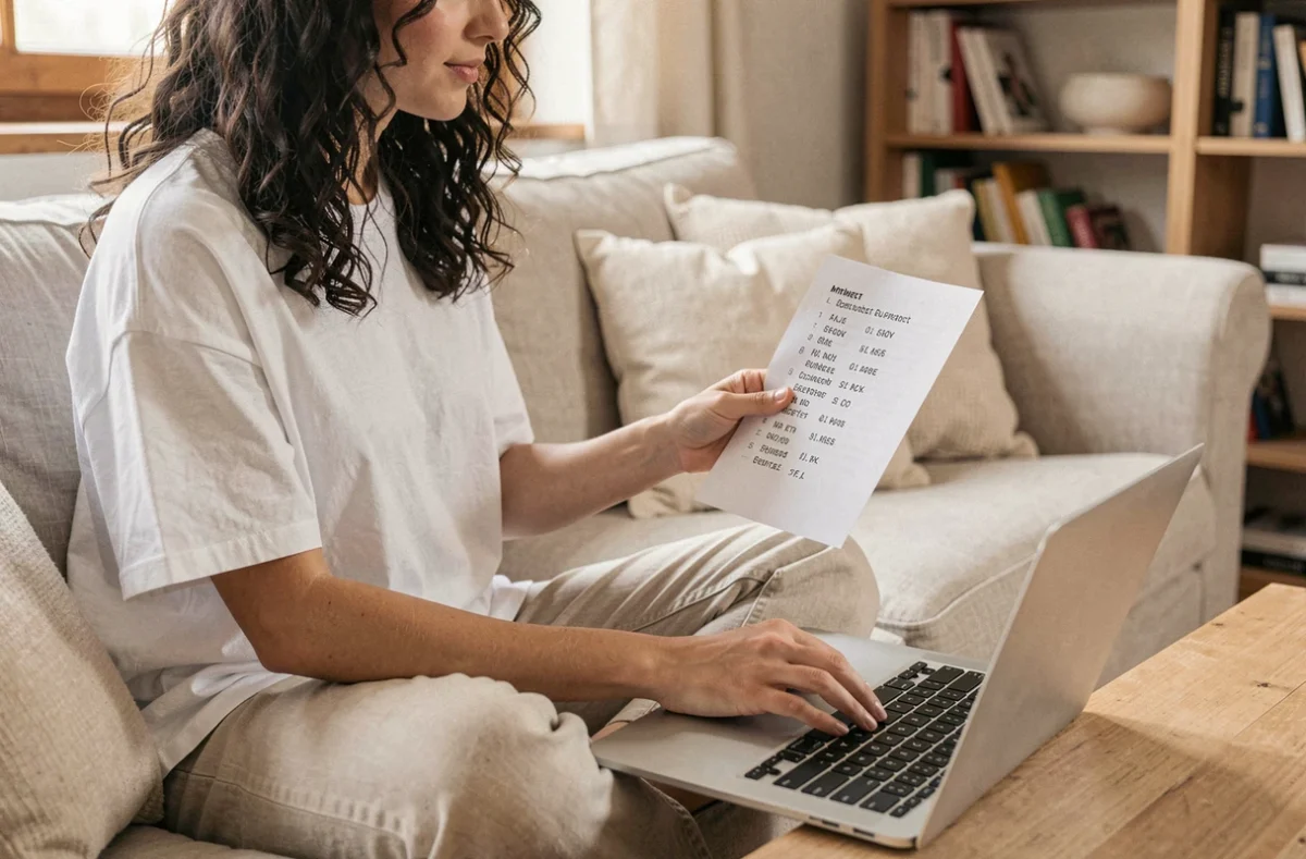 Jeune femme consultant un guide de raccourcis clavier sur canapé avec un ordinateur portable, pour apprendre les bons signes à saisir