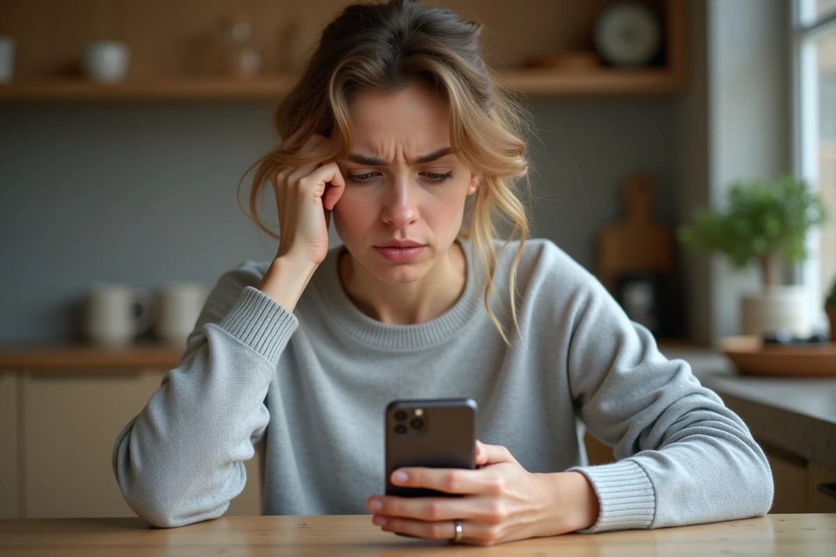 Femme inquiète réalisant qu'elle a supprimé un SMS important sur son smartphone dans une cuisine moderne