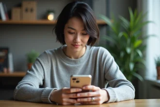 Femme utilisant un iPhone avec iOS 18.4.1 dans un bureau moderne, découvrant les nouveautés Apple Intelligence