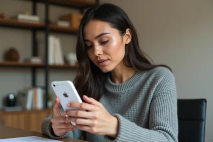 Femme tenant un iPhone SE compact et l'examinant attentivement dans un bureau à domicile minimaliste