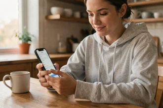 Jeune femme configurant une sonnerie personnalisée sur son iPhone dans sa cuisine