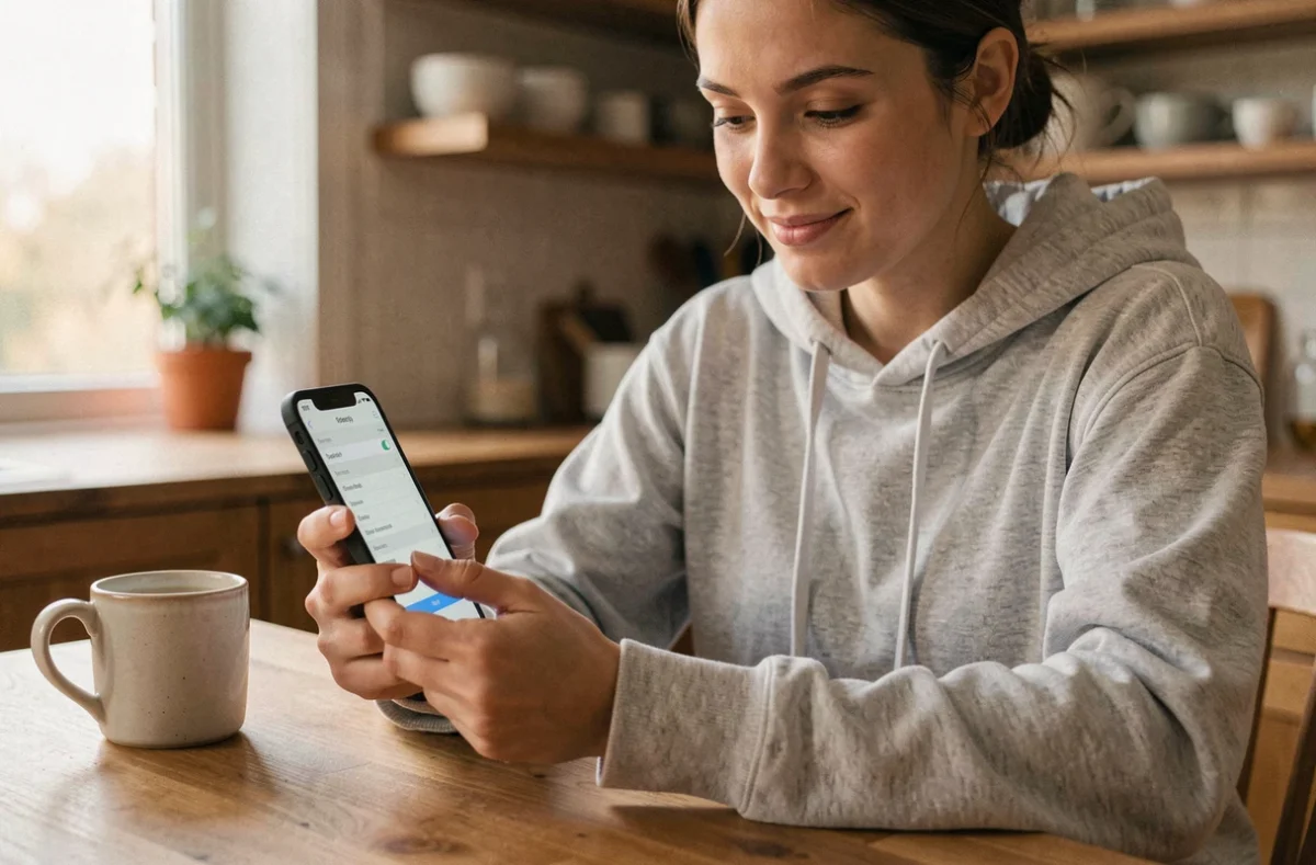 Jeune femme configurant une sonnerie personnalisée sur son iPhone dans sa cuisine