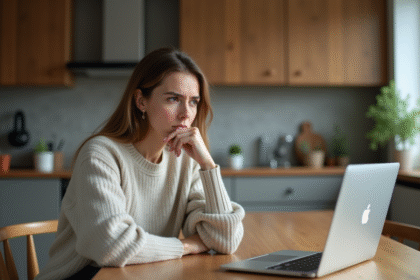 Femme pensant devant son ordinateur à la maison