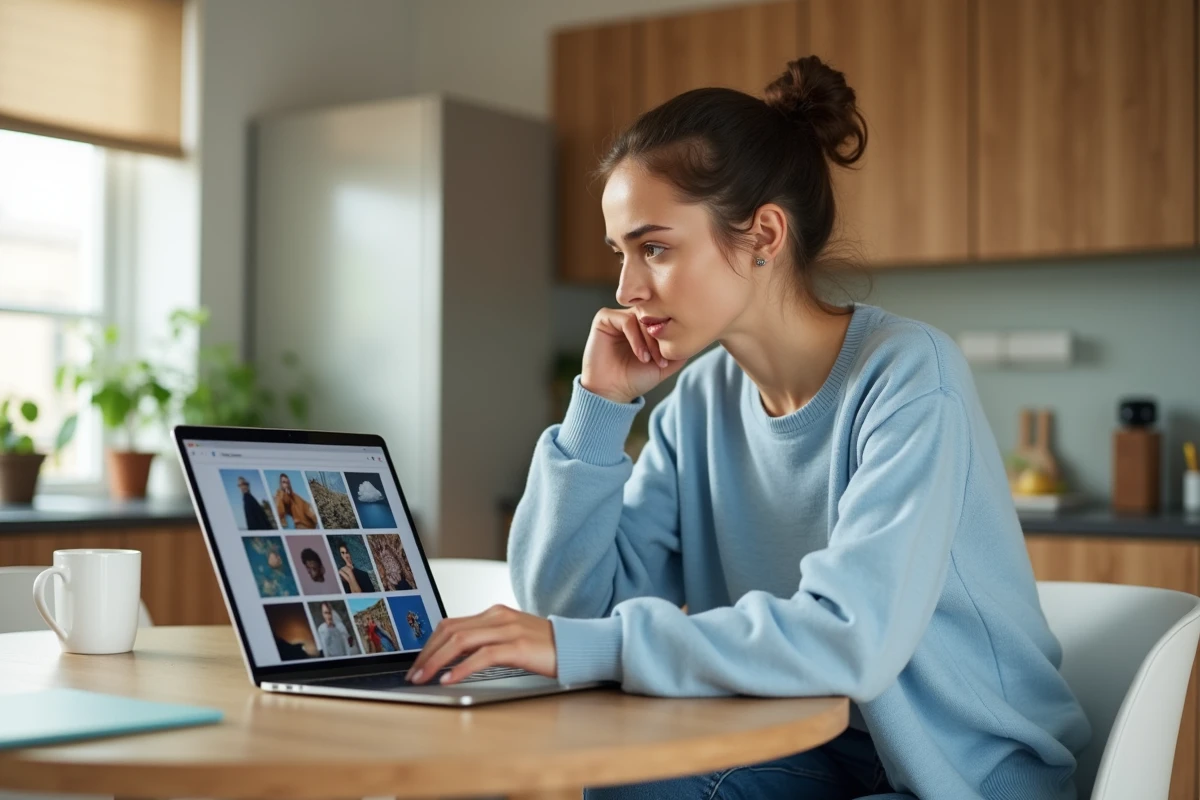 Jeune femme concentrée utilisant Google Photos dans sa cuisine
