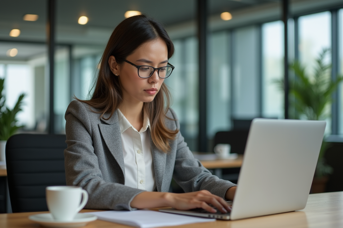 Femme en bureau organisant ses e-mails sur son ordinateur