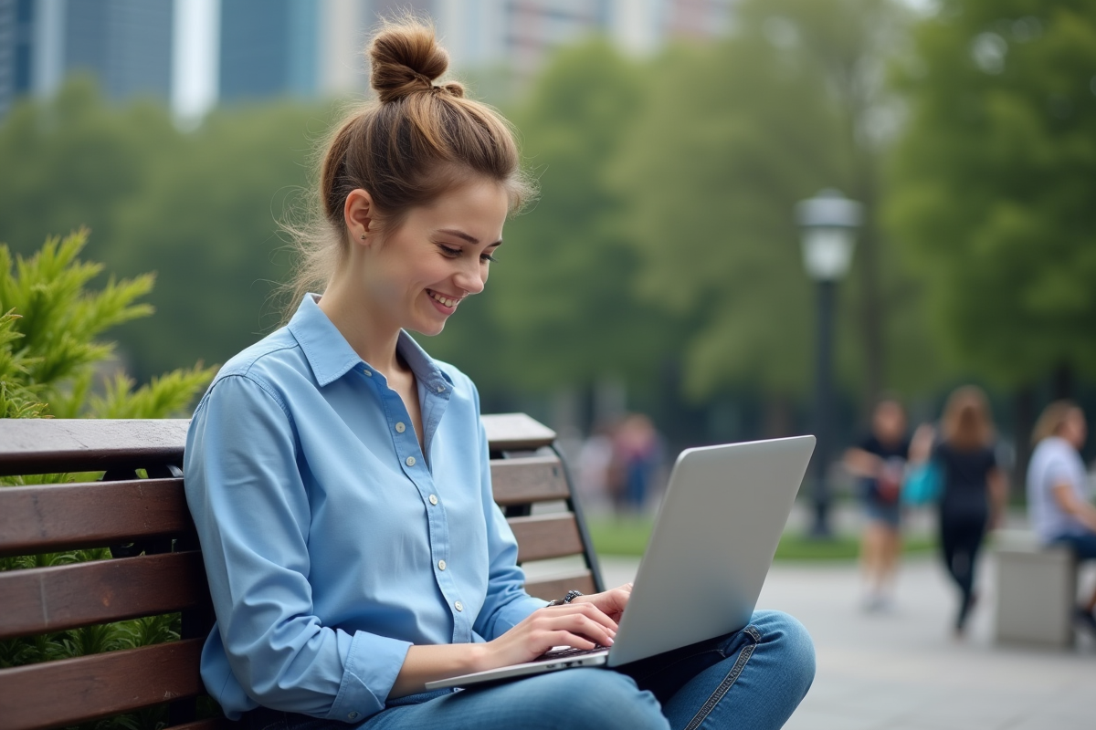 Jeune femme détendue utilisant un ordinateur dans un parc urbain