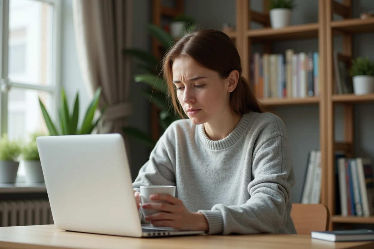 Femme frustrée devant son ordinateur portable essayant de se connecter à son compte MyPrimobox