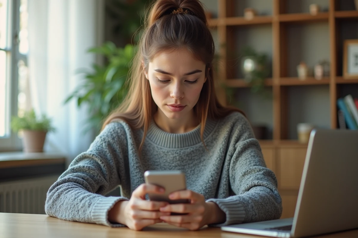 Jeune femme consultant anonymement des stories Instagram sur son smartphone depuis son bureau à domicile