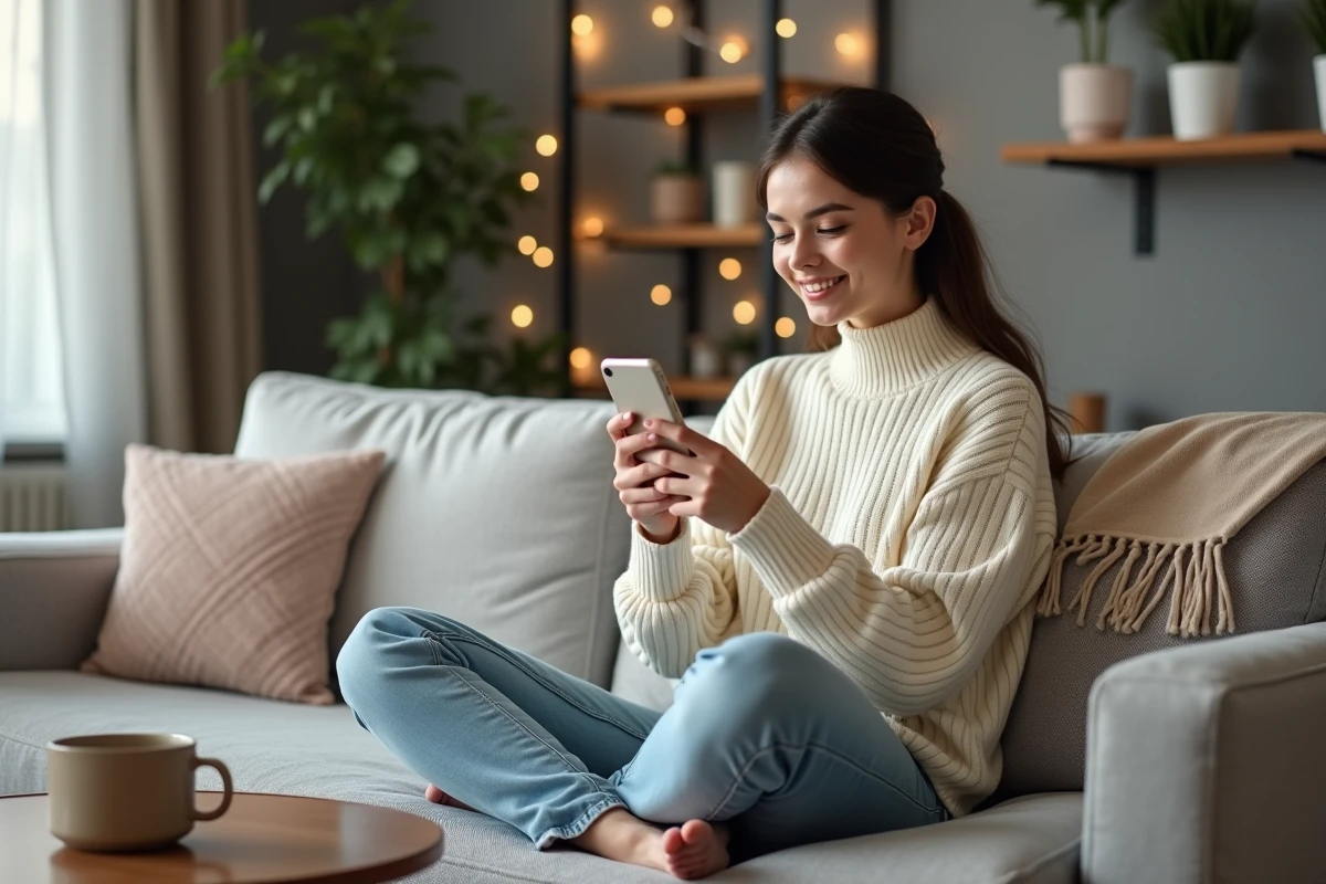 Jeune femme souriante utilisant son smartphone dans un salon chaleureux