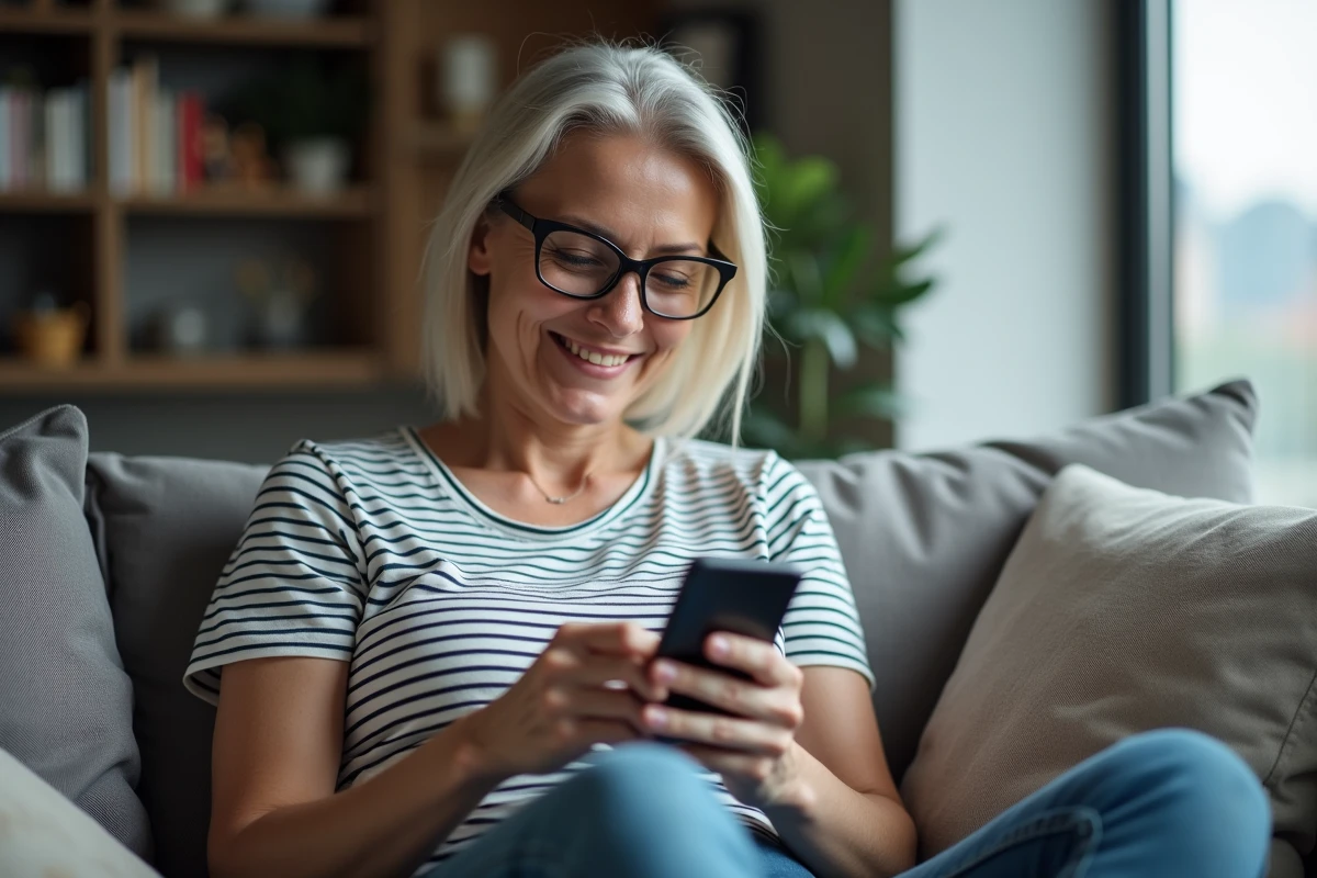Femme assise sur un canapé utilisant son smartphone dans un salon