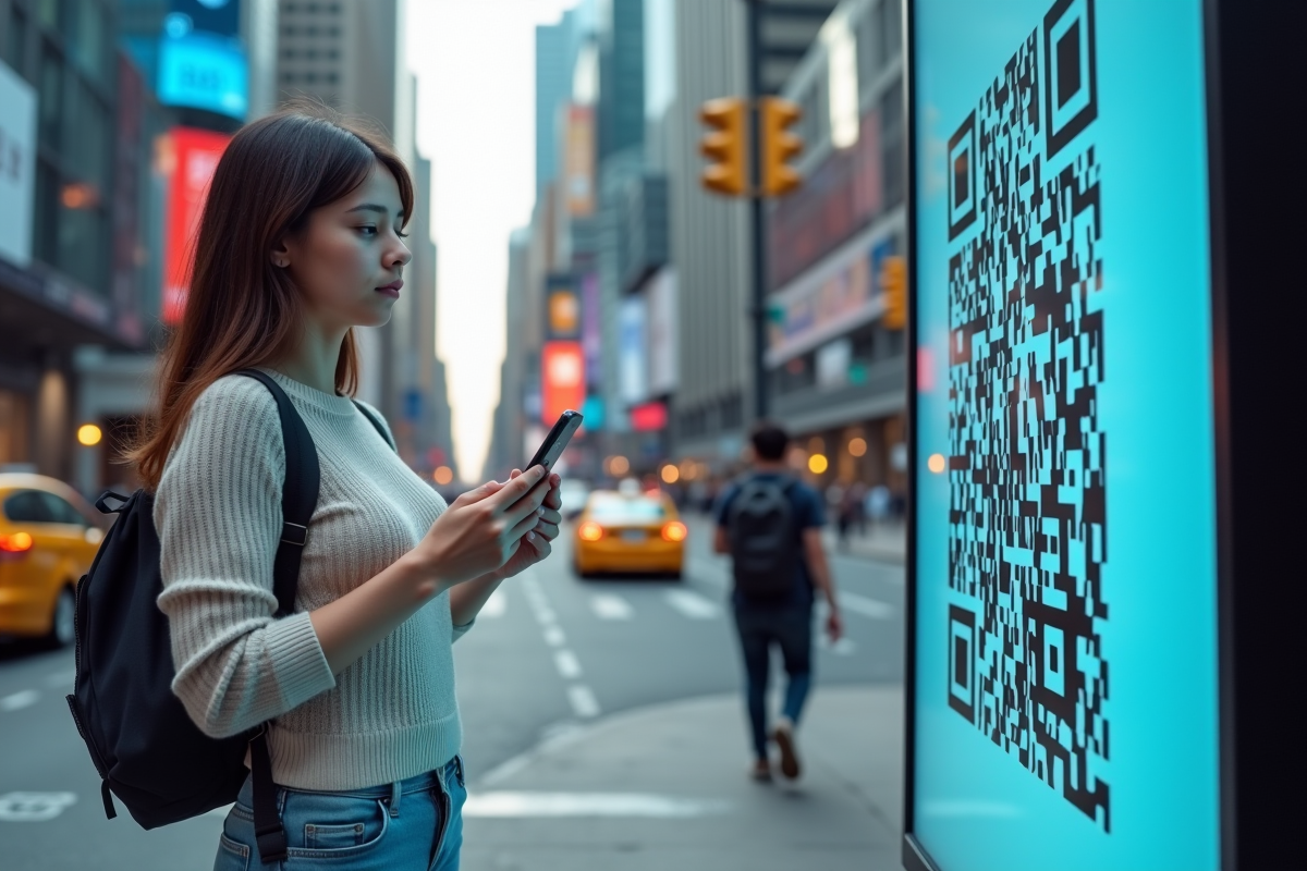 Jeune femme scannant un QR code sur un panneau digital en ville