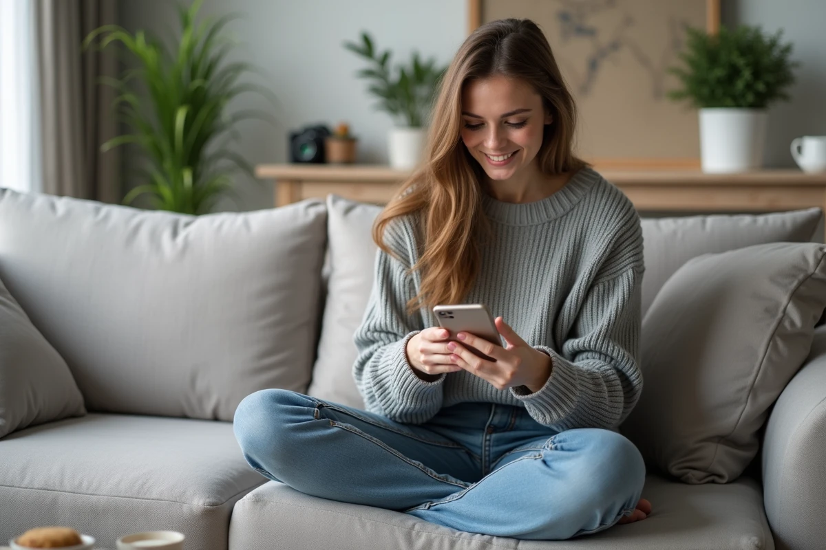 Femme souriante en salon scandinave pour planifier un message