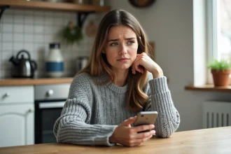 Femme consultant son smartphone pour vérifier la taille d'un fichier en gigaoctets dans une cuisine moderne