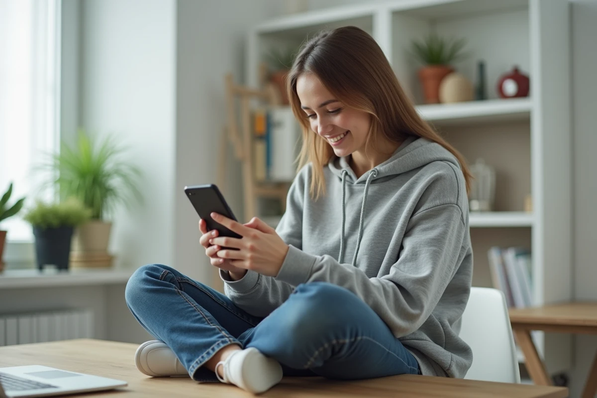 Jeune femme tenant un smartphone en mode paysage pour faire tourner l'écran avec le Do a Barrel Roll sur mobile