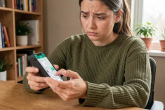 Femme tenant un smartphone affichant une conversation WhatsApp, cherchant à formater du texte avec des options de mise en forme