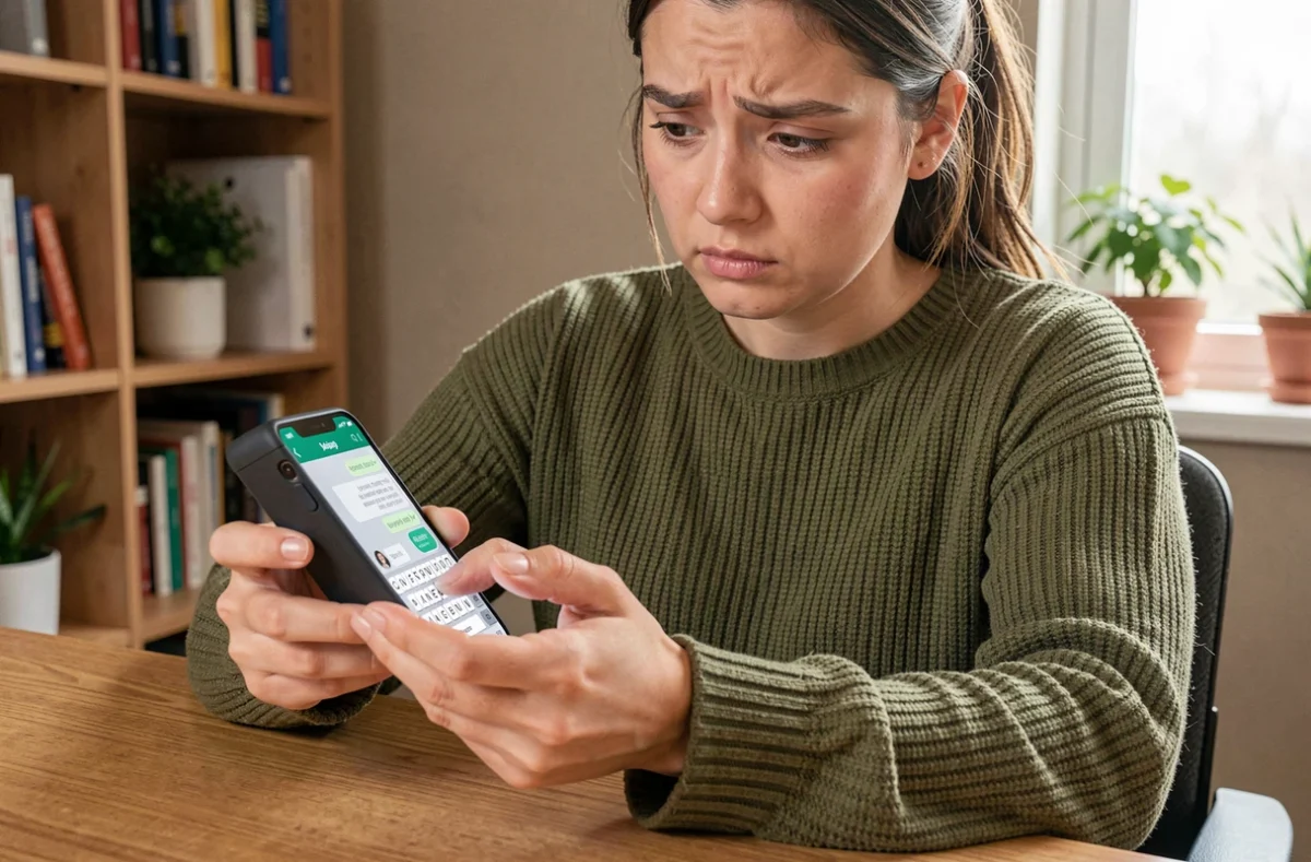 Femme tenant un smartphone affichant une conversation WhatsApp, cherchant à formater du texte avec des options de mise en forme