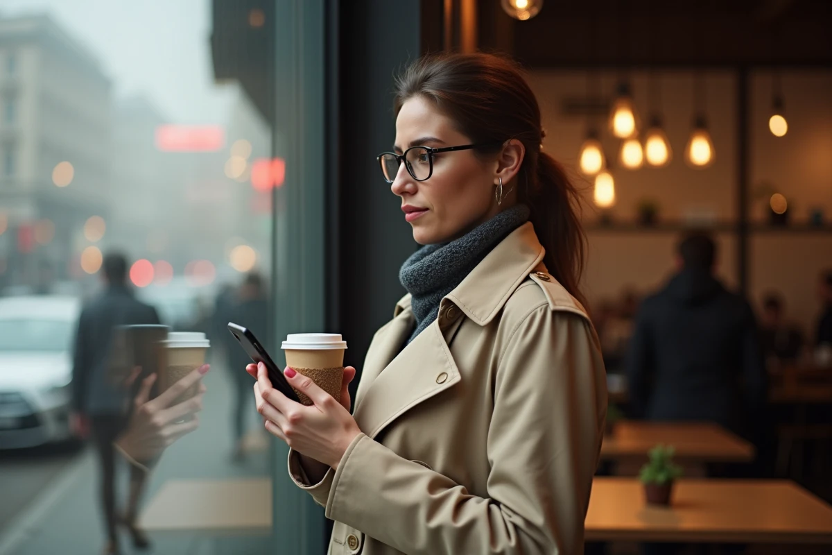 Femme consultant des stories Instagram de façon anonyme sur son téléphone dans un café en ville