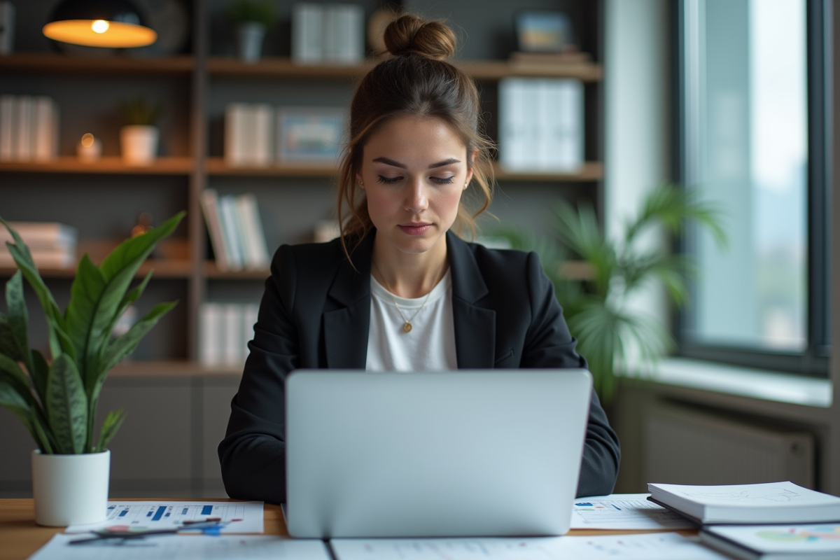 Femme professionnelle analysant une strategie SEO au bureau