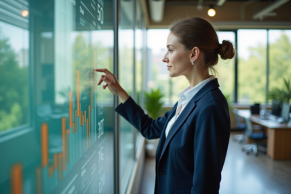 Femme en blazer bleu interactant avec un tableau écologique