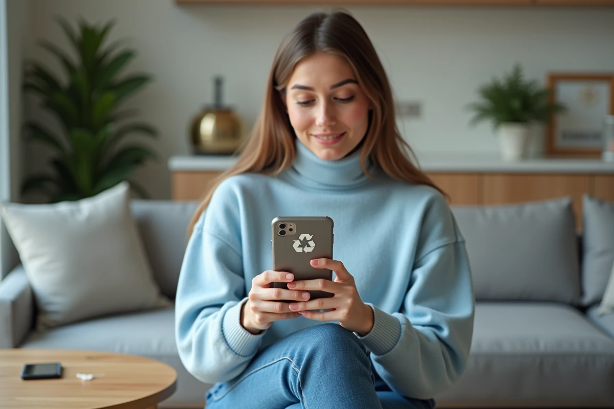 Jeune femme avec smartphone recyclage dans un salon moderne