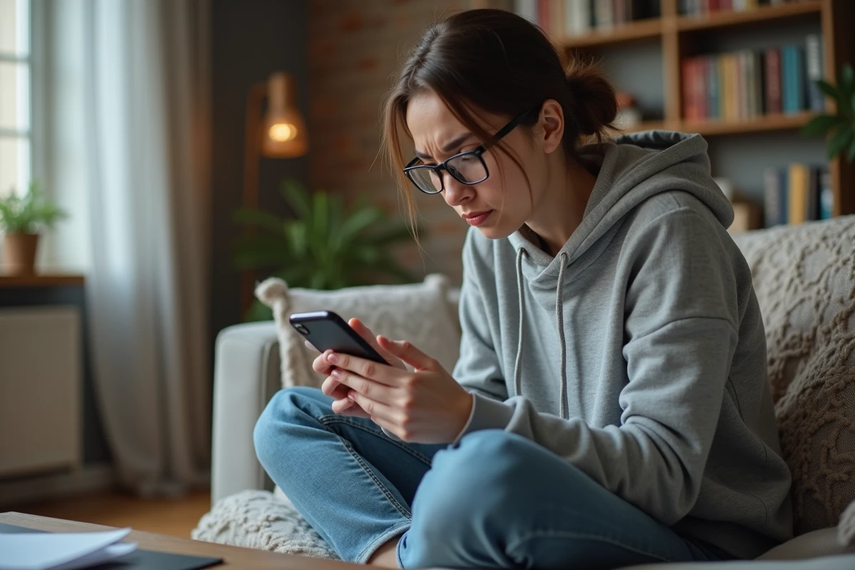 Femme sur canapé regardant son téléphone avec souci